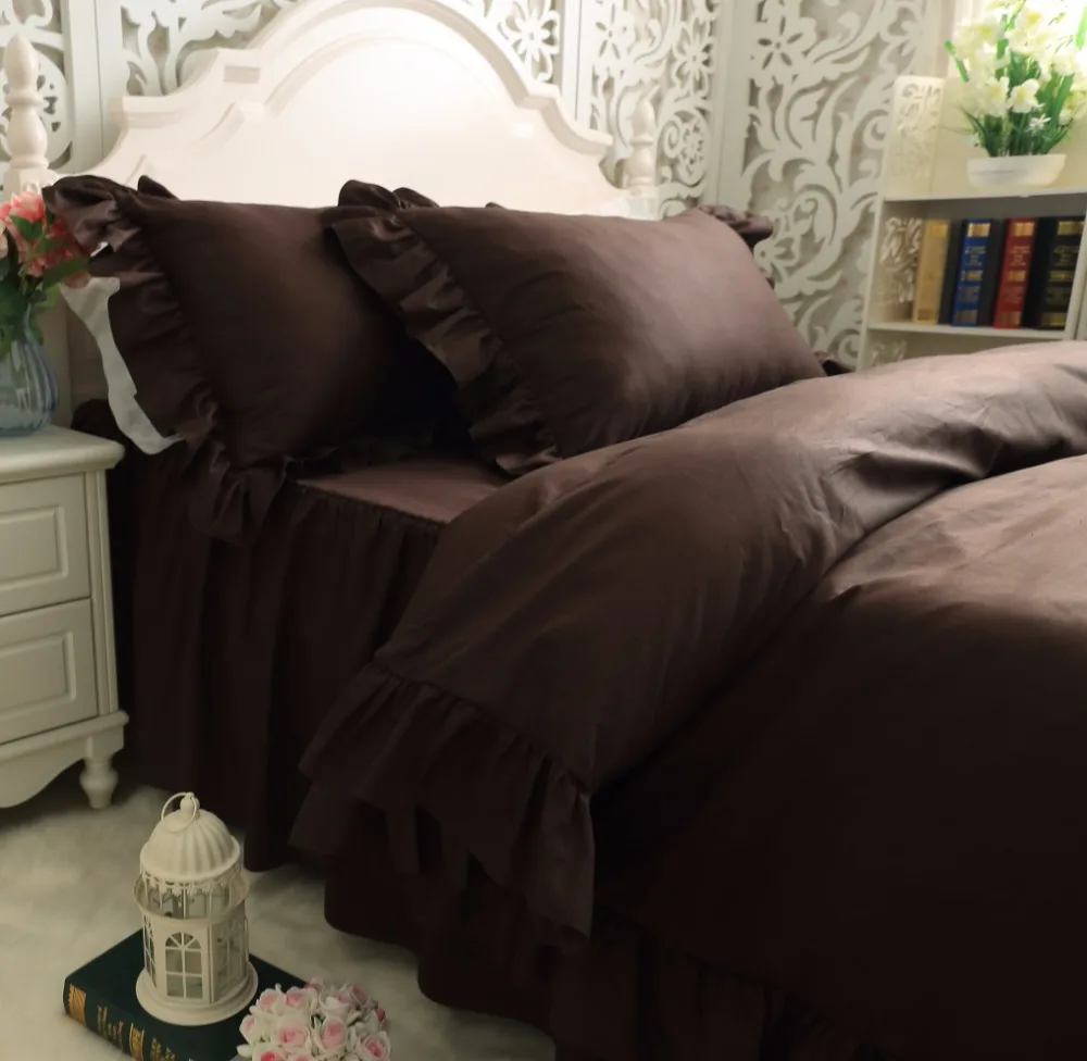 Free shipping Korean 100%cotton bedding ruffles dark coffee bed skirt duvet cover pillowcase set twin full queen king size | Дом и сад