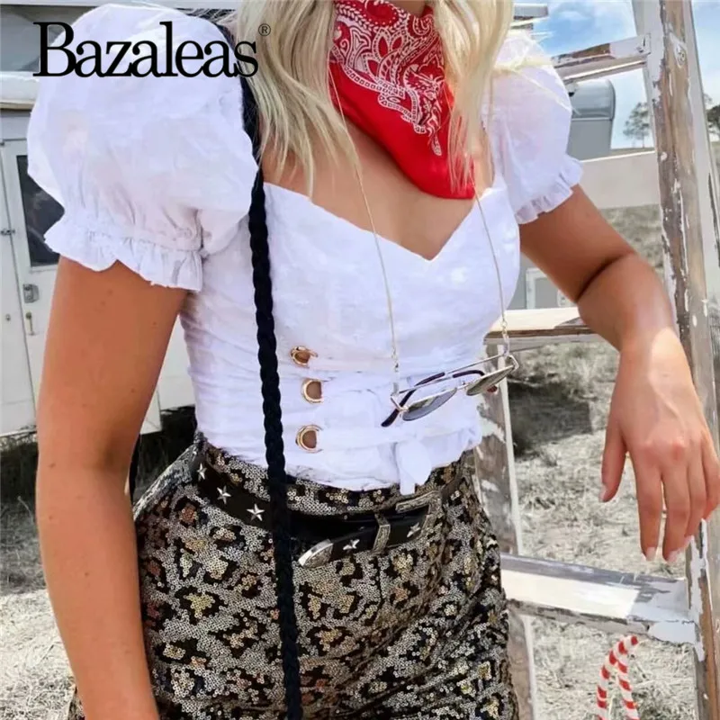 Винтажная белая бандажная женская блузка Bazaleas кружевная приталенная в стиле