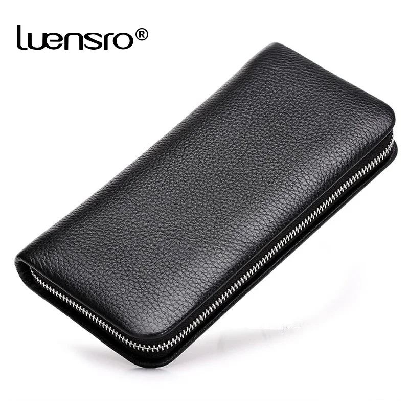 

LUENSRO Genuine Leather Long Wallet Men Clutch Bag Zipper Wallets Billetera Hombre Card Holder Men Leather Wallet Coin Purse