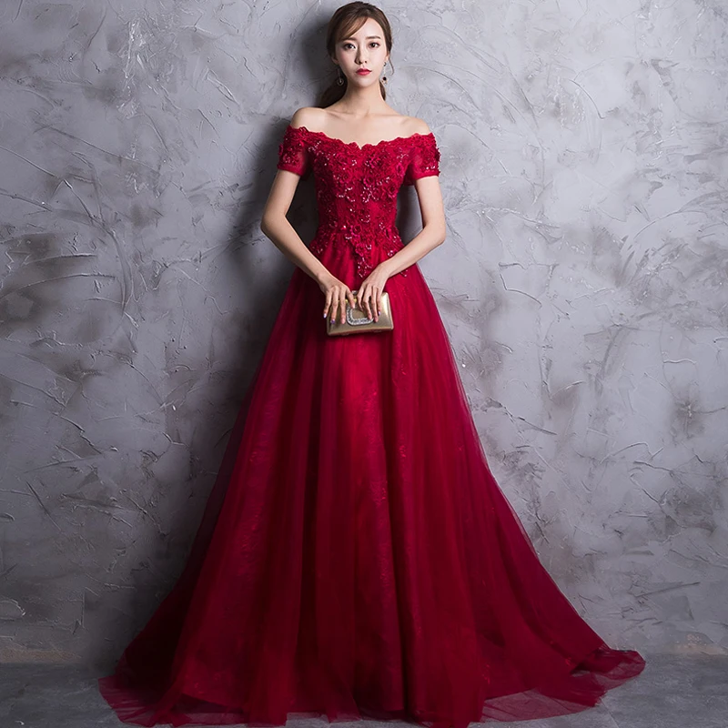 

Formal Evening Dresses Boat Neck Short Sleeve Wine red Lace A line Floor Length Fashion Designer Formal Dress