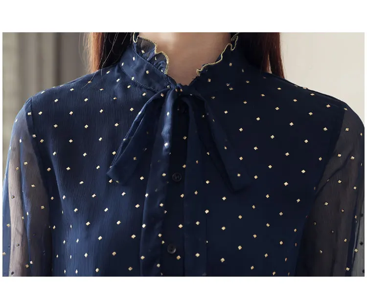 2019 New Fashion Women's Polka Dot Lace Up Bow Shirt Long Flare Sleeve Chiffon Button Stand Blouses Office Lady Hot SalesT91603Z |