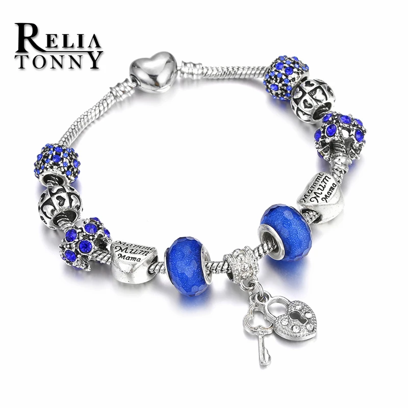 Hot Sale Blue Glass Crystal Beads Charms Bracelet &amp Bangle Heart Lock Key Tortoise Pendant Bracelets For Women Diy Jewelry Gifts |