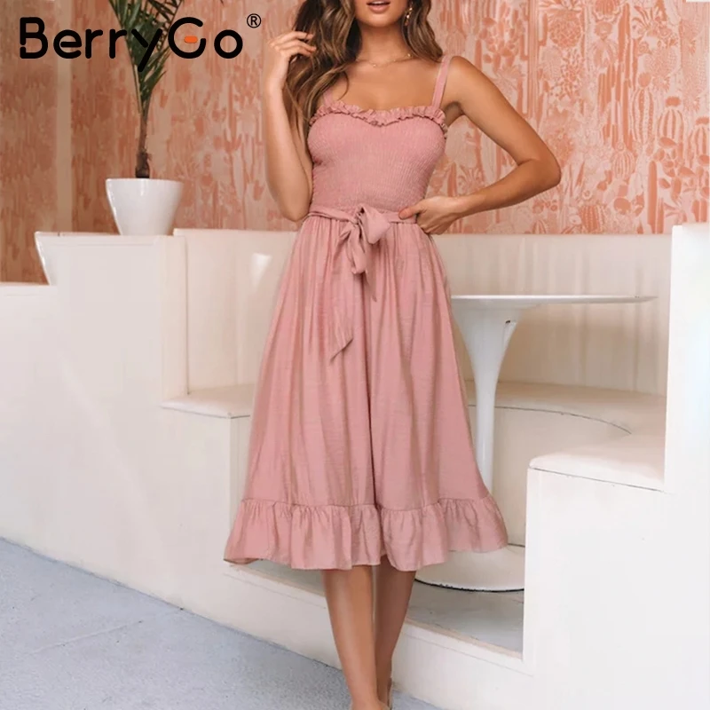 BerryGo, женские платья с рюшами, элегантное платье на тонких бретелях, с рюшами, с поясом, с бантом, длинное платье, летние платья, сексуальные женские платья