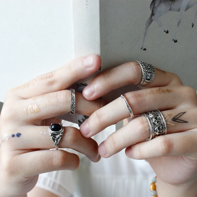 Retro Punk Leaf Bohemian Individuality Carving Pattern Ring Set Midi Rings for Women 6PCS/Set Black Stone Gift Jewelry | Украшения и
