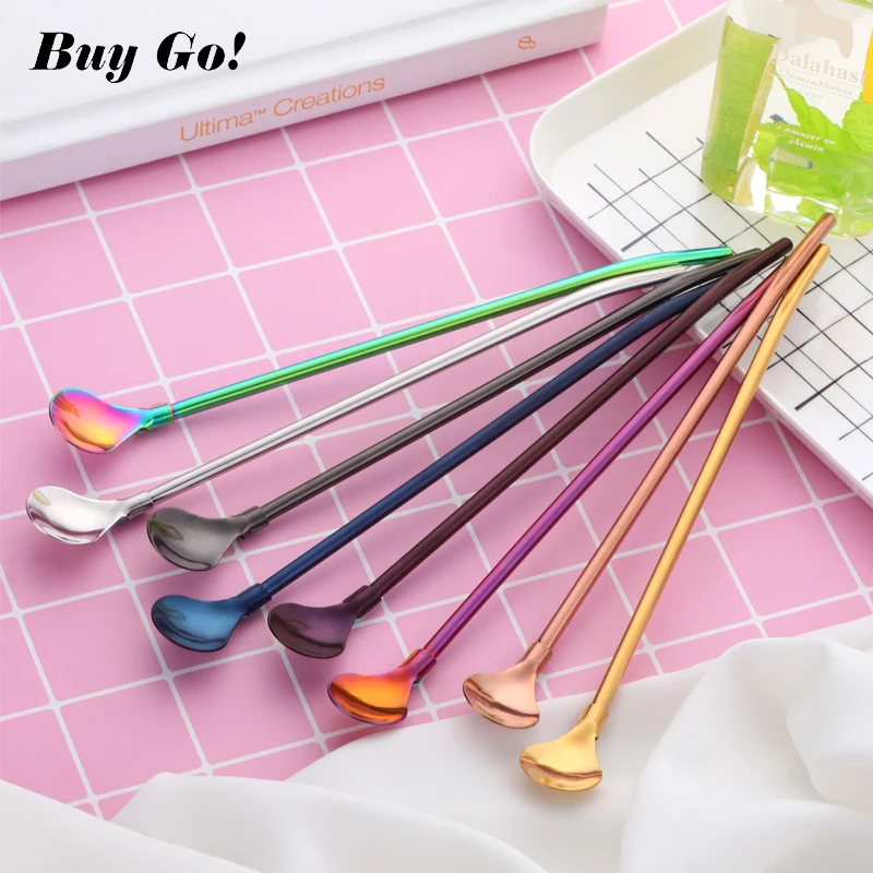 

10PCS Eco-Friendly Stainless Steel Long Metal Drinking Straw Spoon Portable Spoon Yerba Mate Functional Bar Accessories Xmas NEW