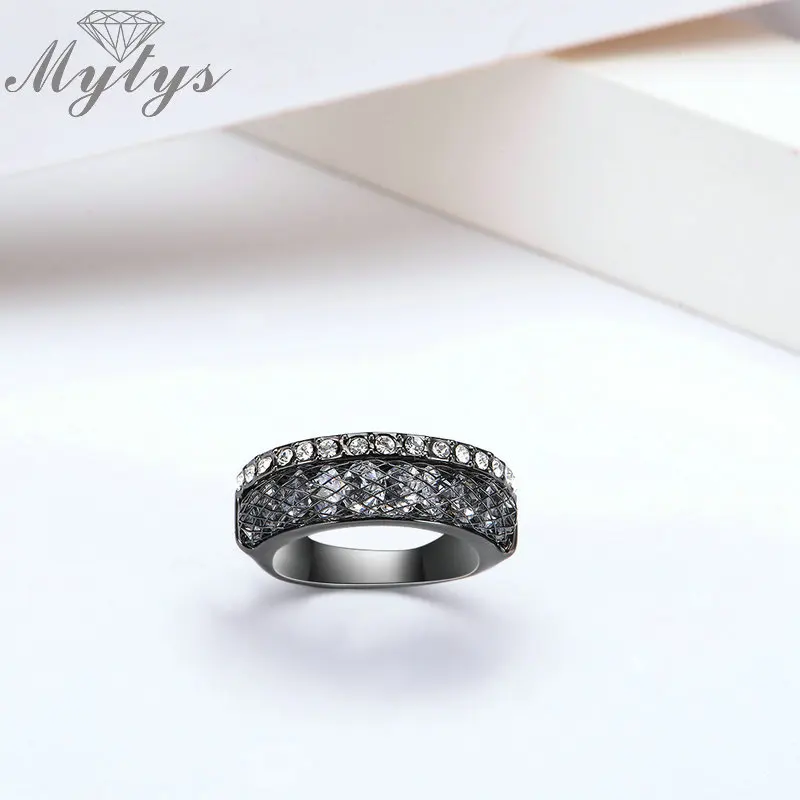 Женское кольцо Mytys черное Сетчатое с кристаллами модный дизайн R1872|crystal rings for