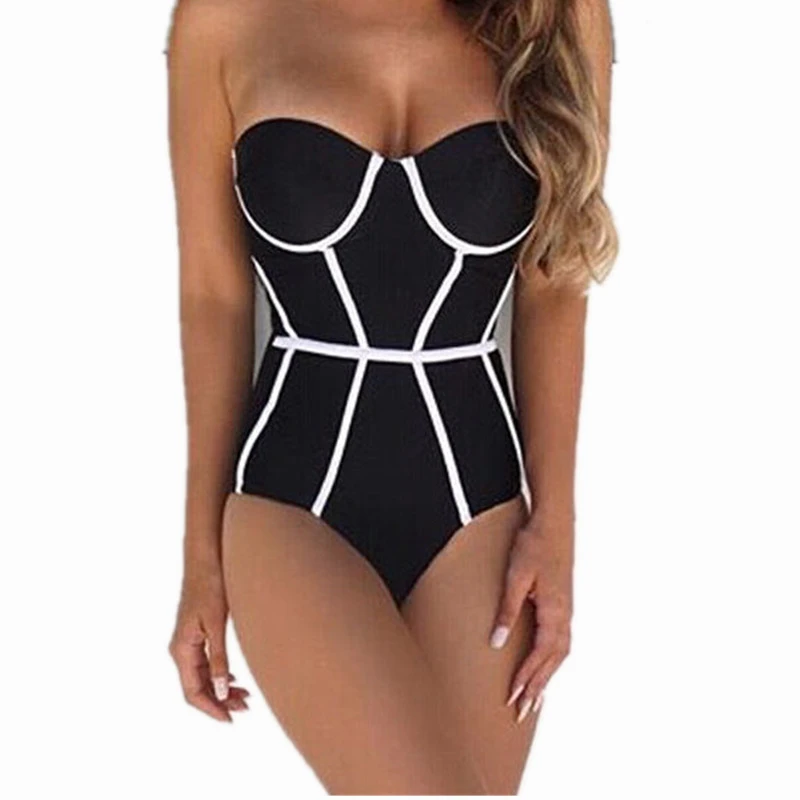 Полосатый Сексуальный купальник без рукавов Bodycon Холтер Slim с коротким Мягкий