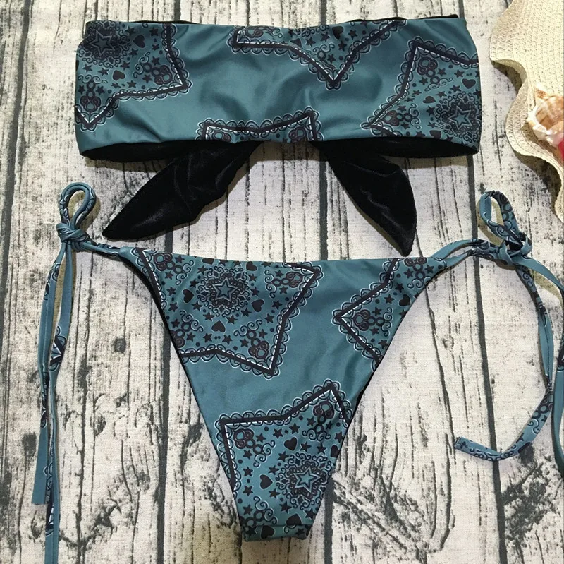 Cross Bandage Brazilian Bikini Swimwear Front Bowknot Swimsuit Summer 2018 Beach Bandeau Floral Bathing Suit Sexy Biquini Girls |