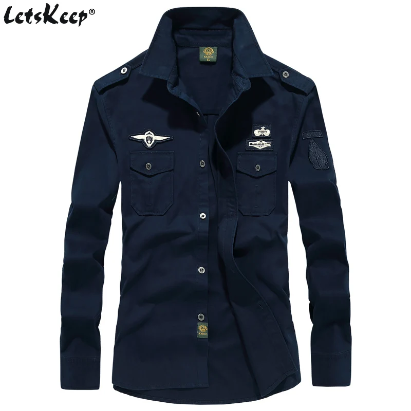 Dark Blue LetsKeep Men's Military long sleeve shirt vintage army shirts men cotton shirt Plus size M-6XL, ZA577 - Цвет: Dark Blue