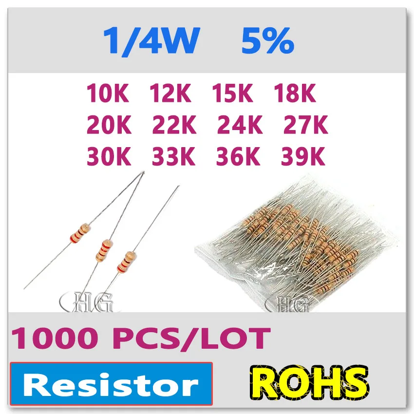 JASNPROSMA 1000 шт./лот 5% 1/4W 10K 12K 15K 18K 20K 22K 24K 27K 30K 33K 36K 39K карбоновая пленка DIP OHM