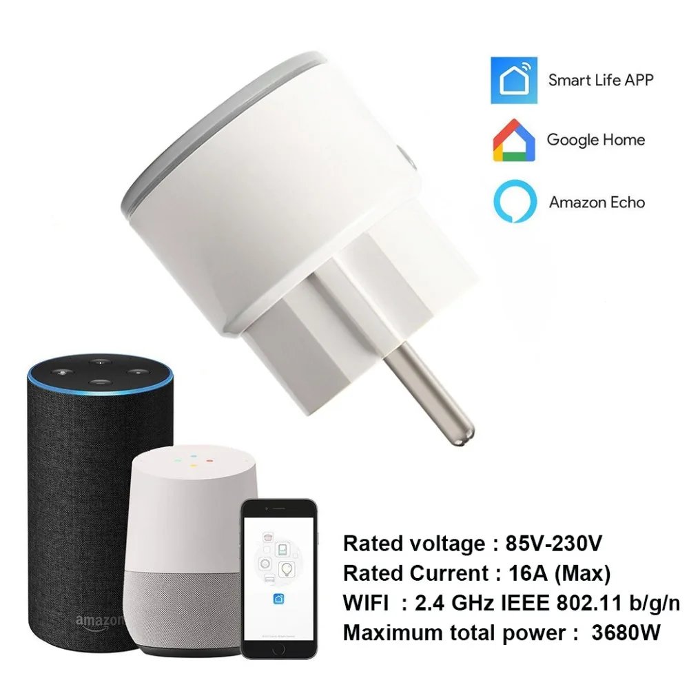 Умная умная розетка с Wi-Fi, штепсельная вилка европейского стандарта, 3680 Вт, 16А, мощность, мониторинг энергии, розетка, таймер, голосовое управление, работа с Alexa Google