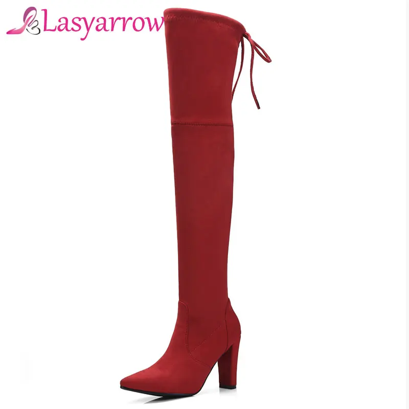 Lasyarrow/тонкие женские сапоги из флока туфли-лодочки на высоком массивном каблуке
