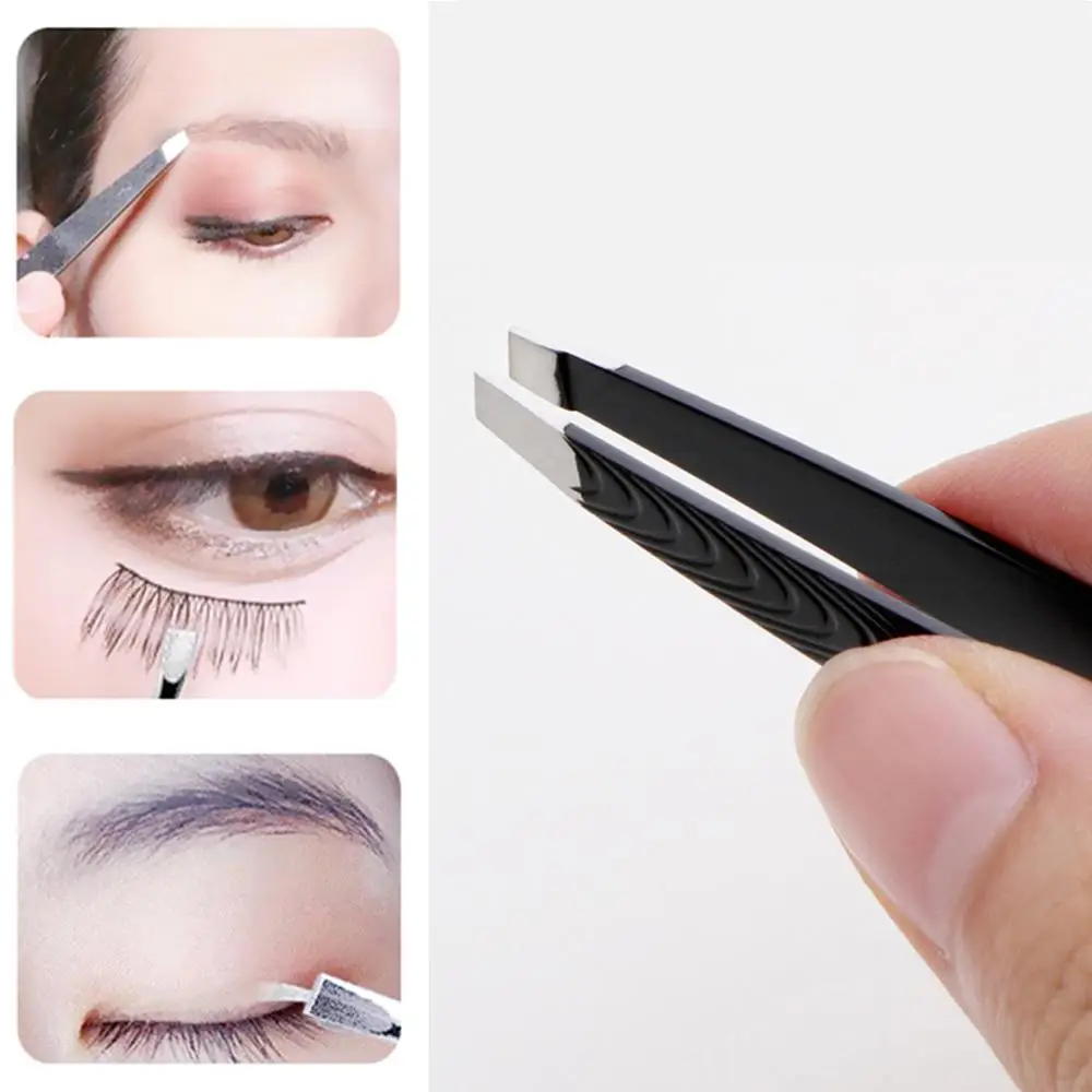 

New Style Portable Eyebrow Tweezer Black Slanted Stainless Steel Tweezer Trimmer Eyelash Clip Hair Removal Makeup Tool