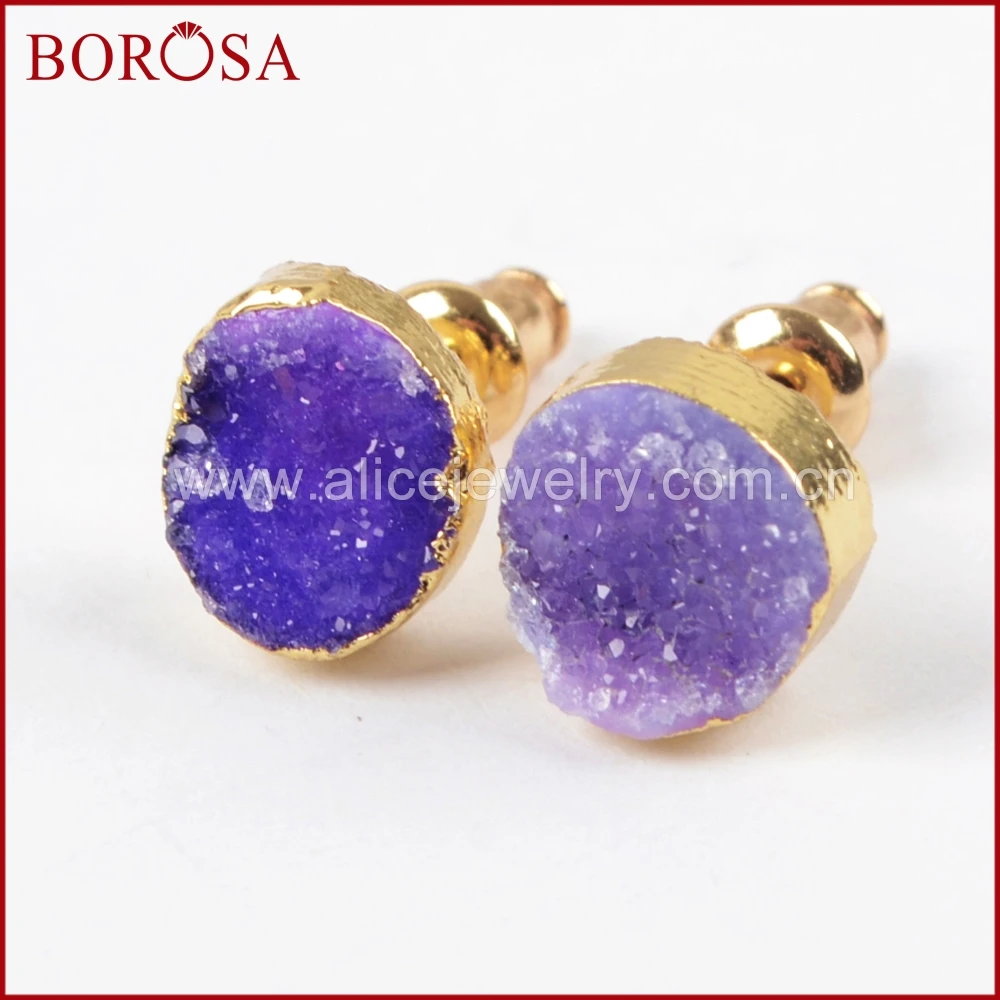 

BOROSA 10Pairs Stylish Gold Color Freeform Rainbow Druzy Stud Earrings for Women Girls, Fashion Gems Drusy Earring Jewelry G1448