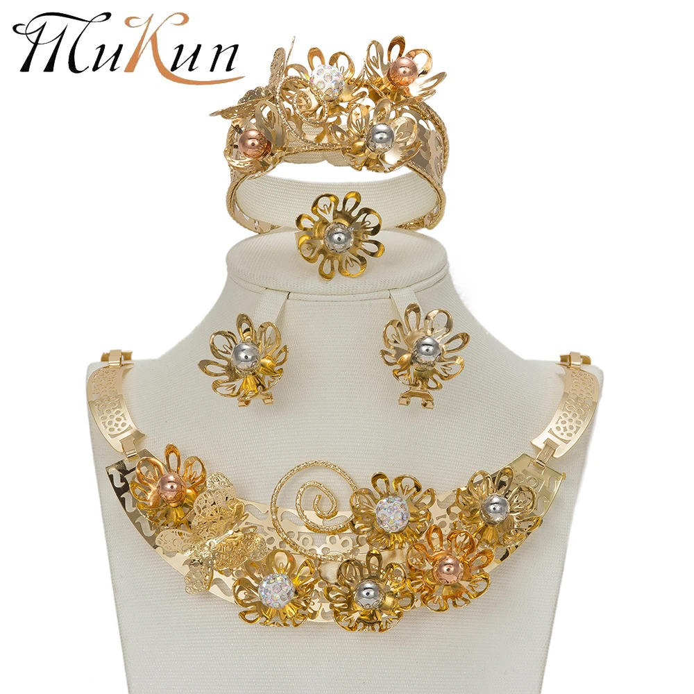MuKun African Beads Jewelry Set for women Gold Color flower Necklace Wedding Engagement Egyptian Costume New | Украшения и