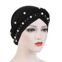 muslim women cross silk braid white pearl turban hat scarf cancer chemo beanie cap headwear head wrap hair accessories