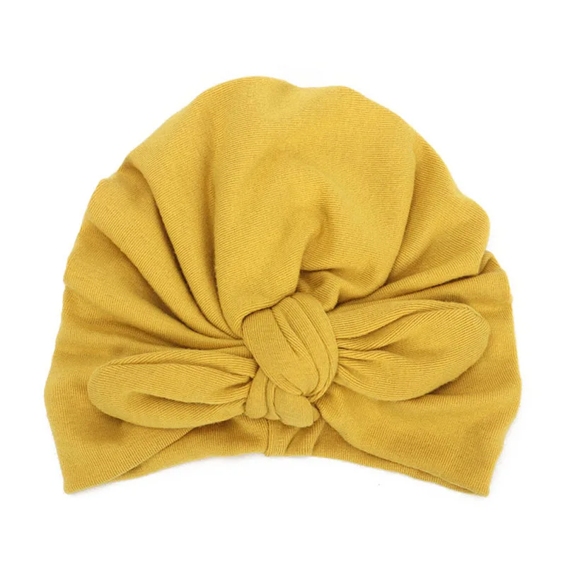knotted yellow Зима-осень, новая Толстая теплая хлопковая вязаная детская шапка с большим бантом, чепчик для новорожденных от 0 до 24 месяцев, вязаная шапка для маленьких девочек, шапочка - Цвет: knotted yellow