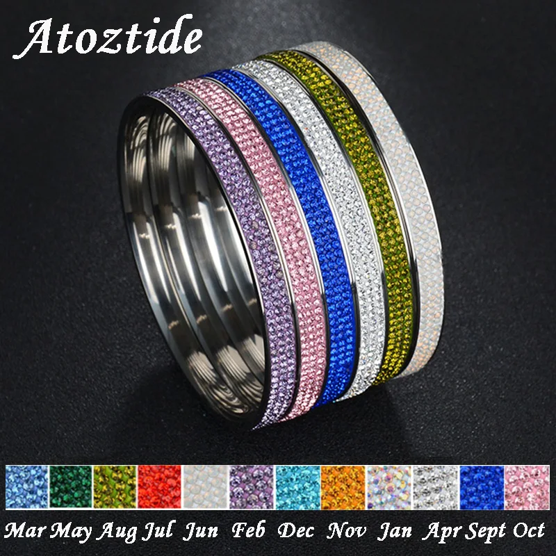 Atoztide Women Fashion 12 Birthstones 3 Rows Line Crystal Bangles Stainless Steel Round Silver Color Colorful Shine Bracelets | Украшения и