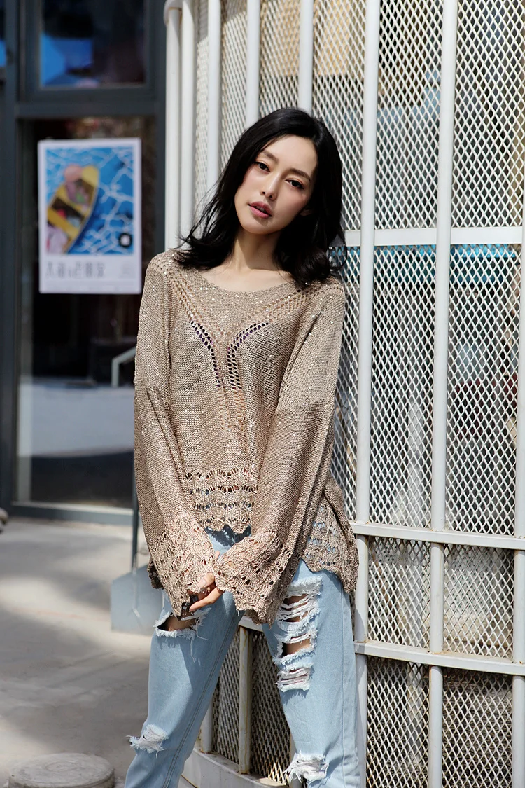 Женский трикотажный пуловер с люрексом Cakucool тонкий джемпер длинным рукавом и