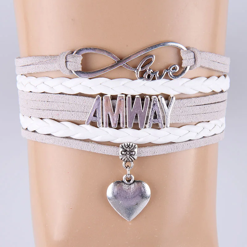 Женский и мужской кожаный браслет Infinity Love AMWAY плетеный с сердечком подвеской в