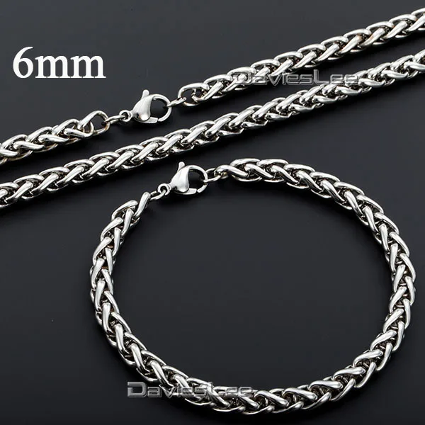 Davieslee 3/4/5/6/8MM Mens Chain Boys Wheat Silver Color Stainless Steel Bracelet Jewelry Set Fashion Gift DLKS98/KS99/KS100 | Украшения и