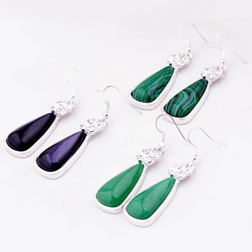 Серьги подвески женские из натурального синего песчаника малахита зеленого