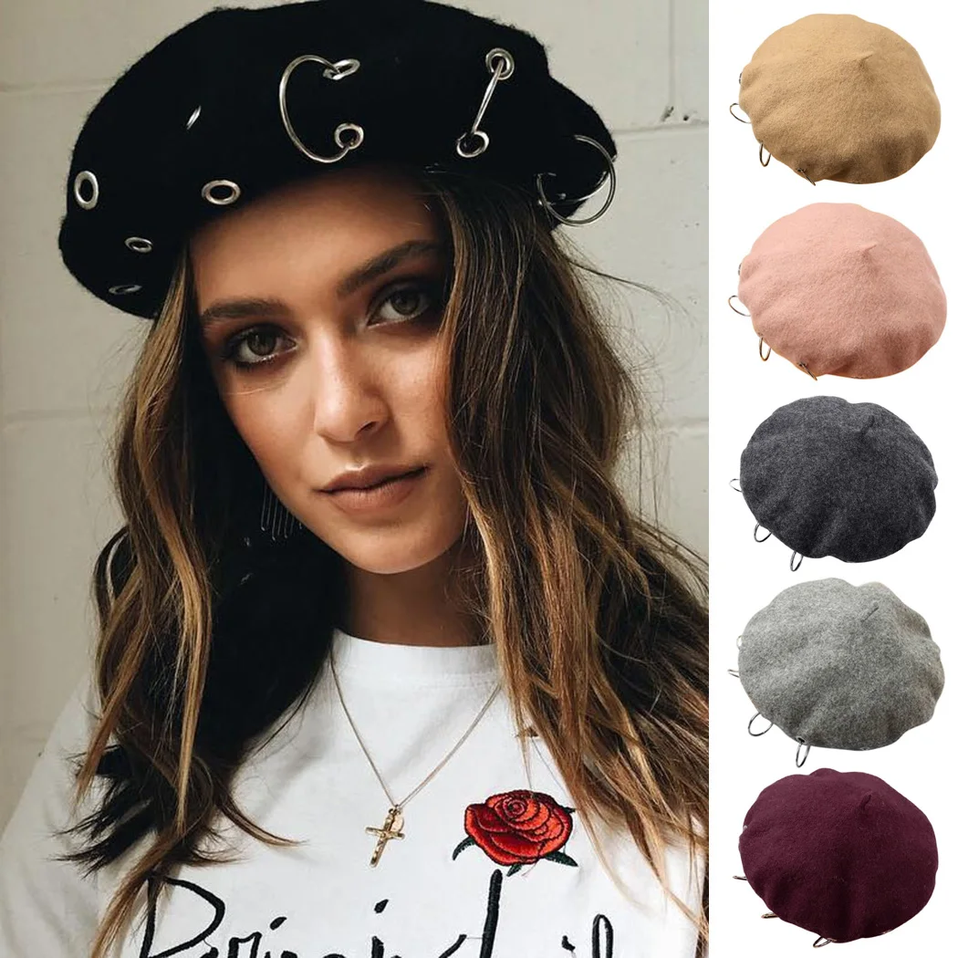 2018 Зимняя теплая шерстяная женская модная беретка из вязаного материала с железным кольцом, женская французская шляпа Gorras Mujer Bonnet Femme on.