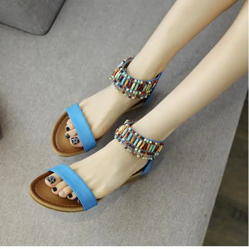 

Johnature Casual Zipper Solid Color 2021 New Summer Sandals Ethnic String Bead Wedges Rome National Style Women Shoes