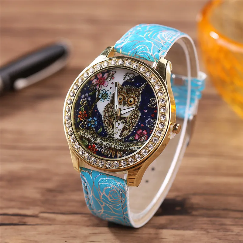 Fashion Top Brand Luxury Diamond Wrist Watches Women Leather Quartz Owl Clock Dress Female Orologi Donna Hot Sale #1 | Наручные часы
