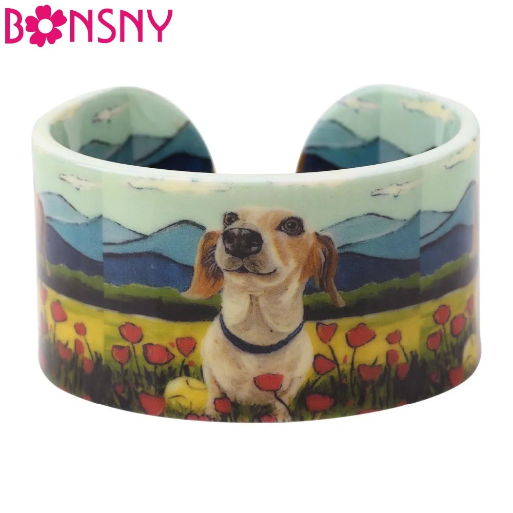 

Bonsny Acrylic Love Colorful Pattern Dachshund Dog Bangle News 2017 Fashion Jewelry Women Girl Spring Summer Bracelets