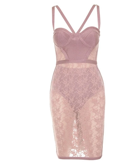 Оптовая продажа Бандажное платье розовое кружевное прозрачное сексуальное