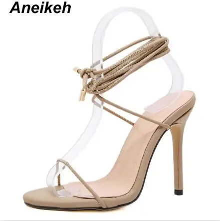 Aneikeh/ г. Элегантные босоножки из pu искусственной кожи женские офисные модельные туфли на тонком высоком каблуке, с круглым носком, на шнуровке Повседневная обувь, Размеры 35-40, черный, абрикосовый, белый - Цвет: Apricot