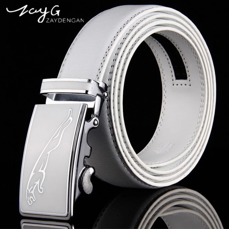 

ZAYG Mens Luxury Sliding Ratchet Automatic Buckle Waistband White Leather Belt Waist Strap Waistband Jaguar Unique(Color: White)