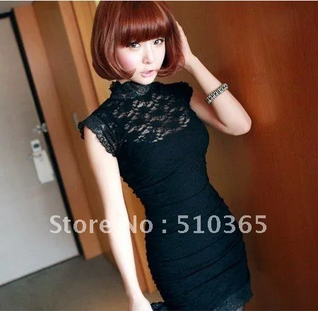2013 Free shipping Summer socialite sexy Lace slim Elegant stand sheath solid women mini dresses 2477F | Женская одежда