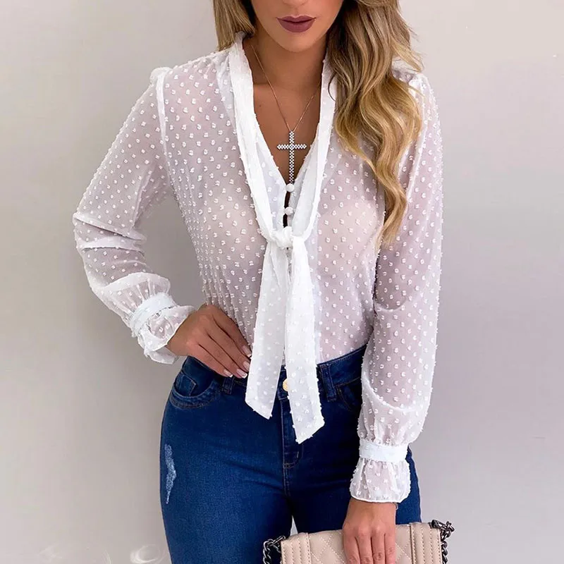 Chiffon Blouse Long Sleeve Sexy Transparent Office Ladies Tops Bowtie V Neck Shirt Women Button Blouses Woman 2019 Blusas Femme |