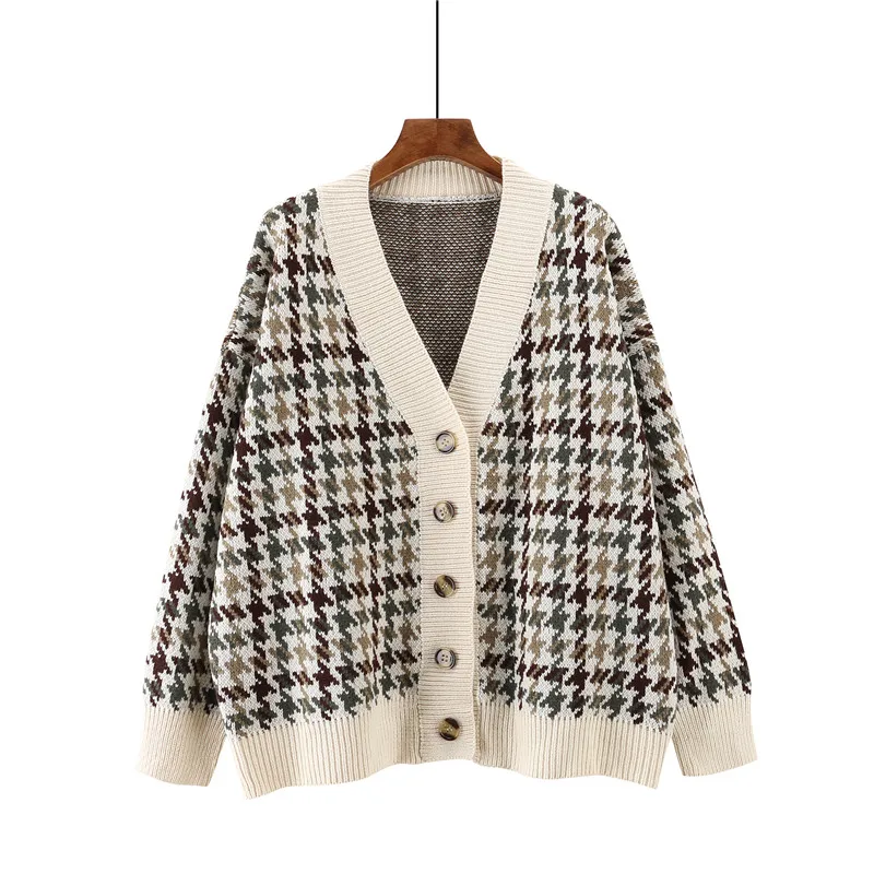 Casual Women Cardigans Sweater New 2019 Knitting Autumn Winter Warm Houndstoot Buttons Single Breasted Elegant Ladies Tops SW917 |