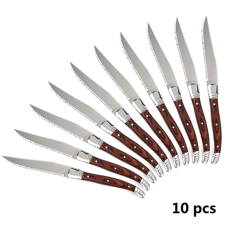 10pcs Red wood Стиль Laguiole, ножи для стейка, посуда из нержавеющей стали, деревянные столовые приборы, столовый нож с деревянной ручкой, стол, рождественский подарок, столовые приборы 9" - Цвет: 10pcs Red wood