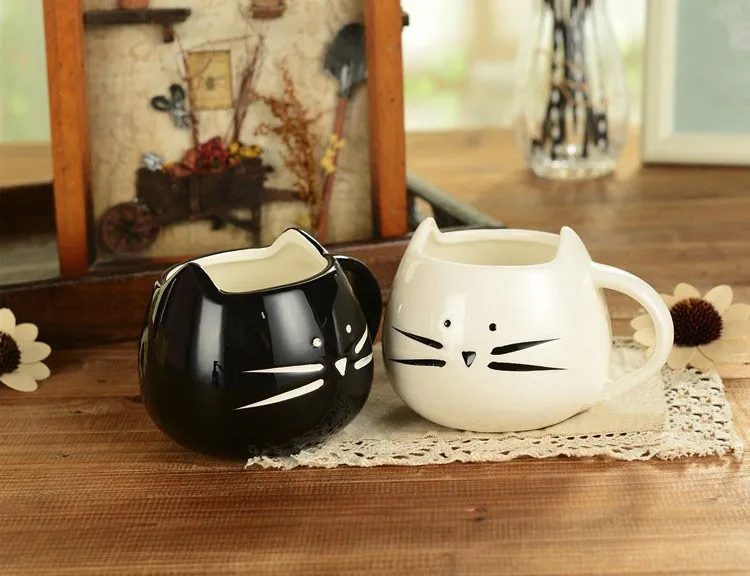 400 ml Черный и белый цвета Cat керамические кружки комплект милый кот дизайн кружка для кофе kawaii любителей кошек пару кружек