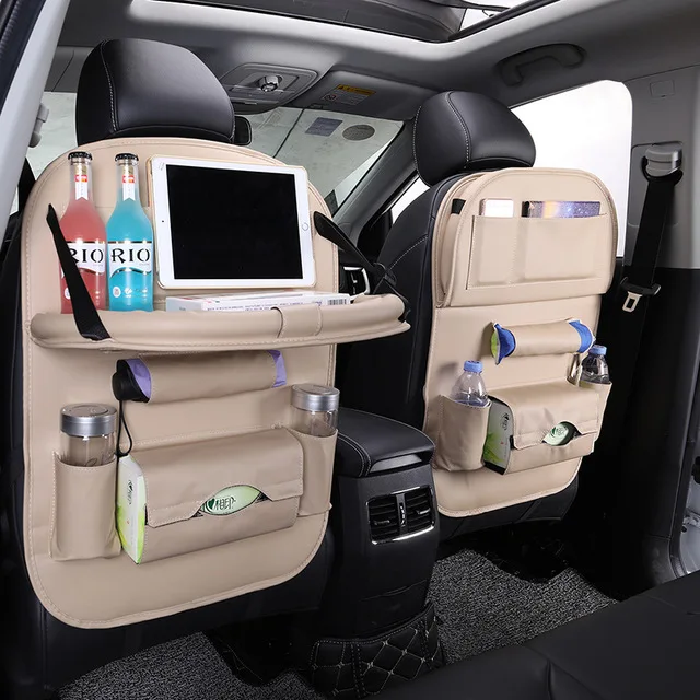 Beige with Table Автомобильные Аксессуары PU кожа Поддон Для Сиденья Автомобиля заднее сиденье органайзер в машину Организатор Авто - Название цвета: Beige with Table