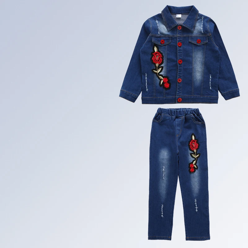 Teen Girl Boys Clothes Sport Clothing Set Denim Jacket + Jeans 2pcs Flower Fashion Cotton Casual Outfits for 6 8 10 12 14 Years | Детская