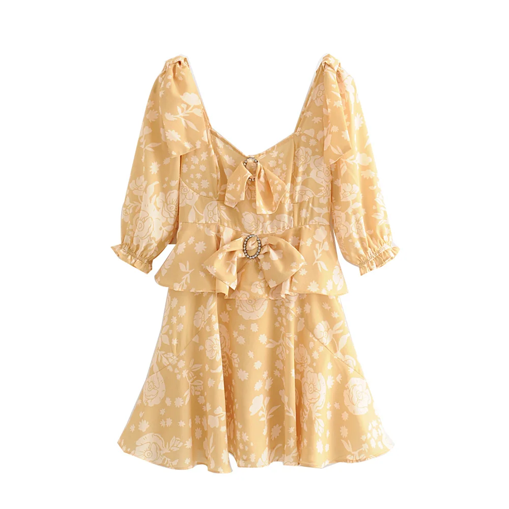 Женское Плиссированное мини платье с коротким рукавом бантом и цветочным