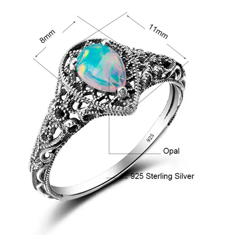 

Elegant White Fire Opal Rings Vintage 925 Sterling Silver Cocktail Ring Heart Stone Hollow Base Women Trendy Classic Party Rings