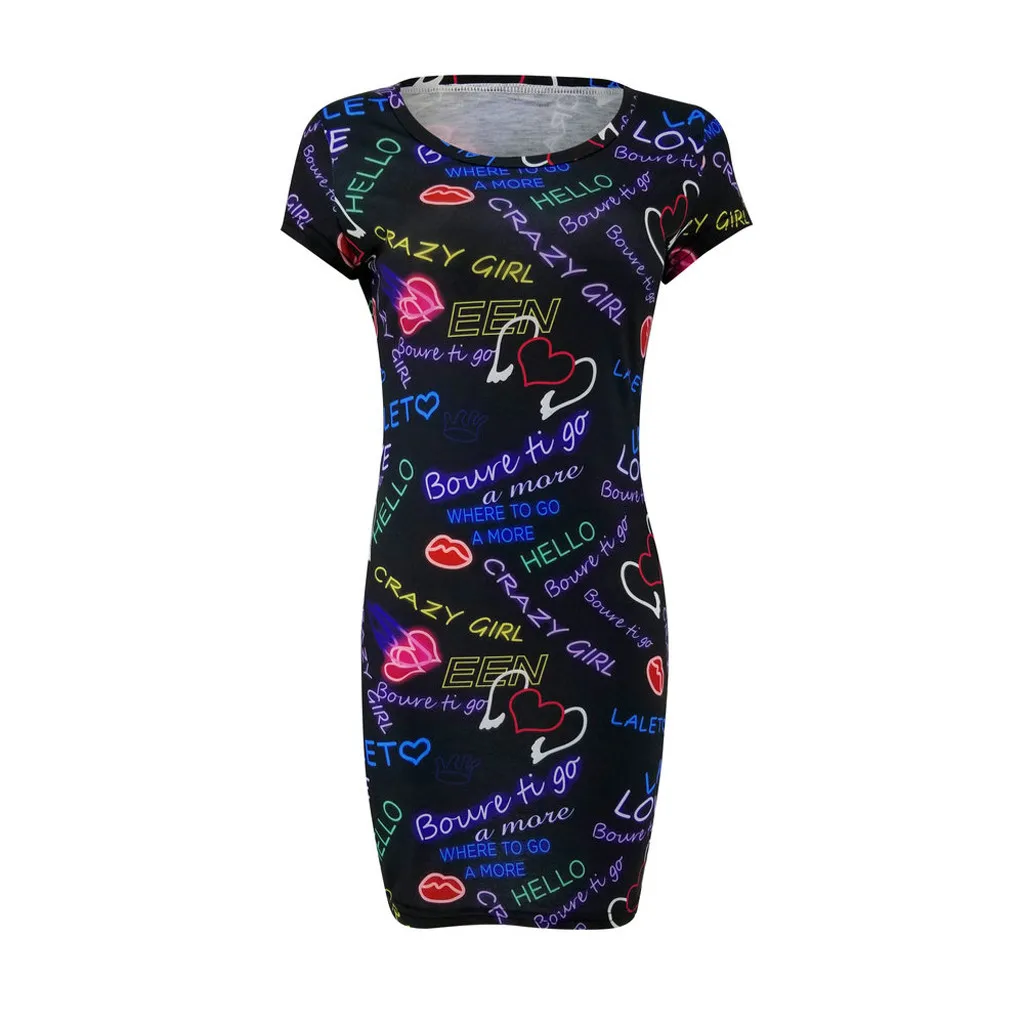 Женское короткое платье с круглым вырезом принтом|Женские платья| |