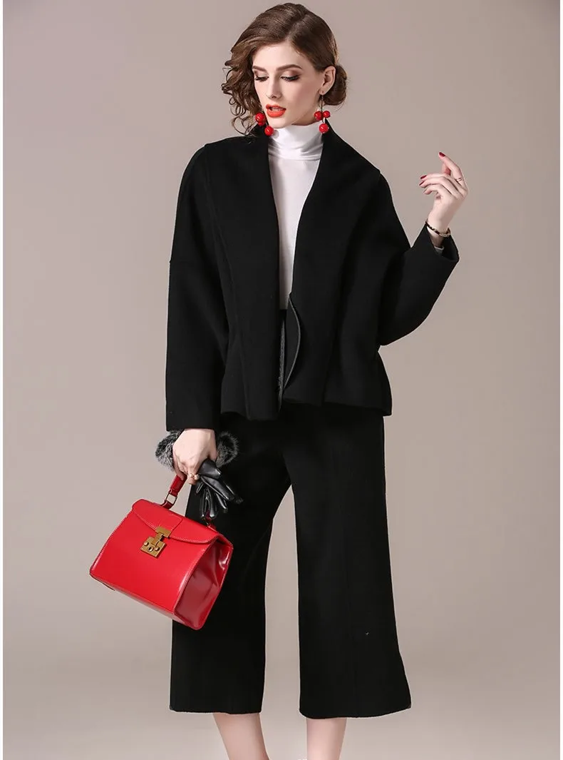 

Новый осенне-зимний шерстяной пиджак с расклешенными рукавами в английском стиле + брюки с широкими штанинами, костюм большого размера, шер...