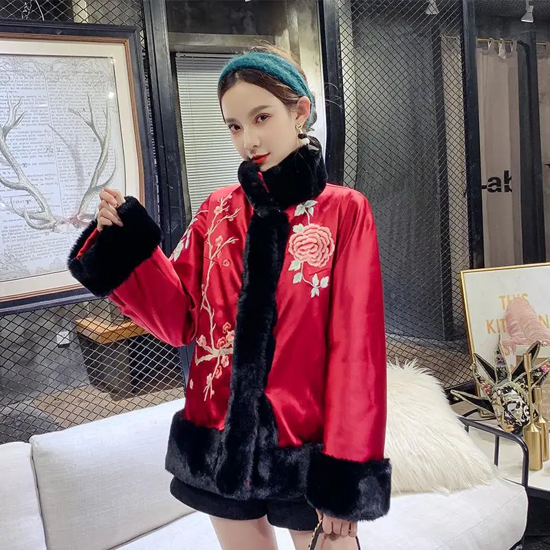 Удобные женские улучшенные Hanfu Clthing зимние теплые толстые хлопковые мягкие спортивные костюмы для открытого воздуха вышивка цветок куртка повседневное пальто - Цвет: Burgundy