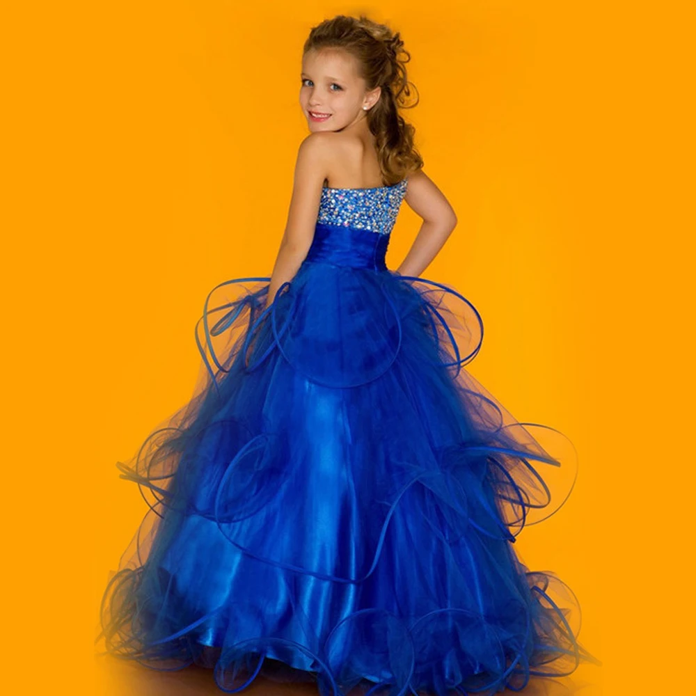 Пышные платья для девочек с одним плечом синие красивые Украшенные бусинами