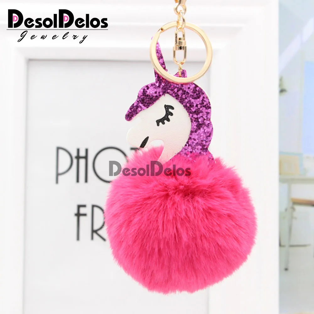 

2022 New Fluffy Unicorn Keychain Pompom Artificial Rabbit Fur Key Chain Women Bag Car Key Ring Hang Bag Keyring llavero mujer