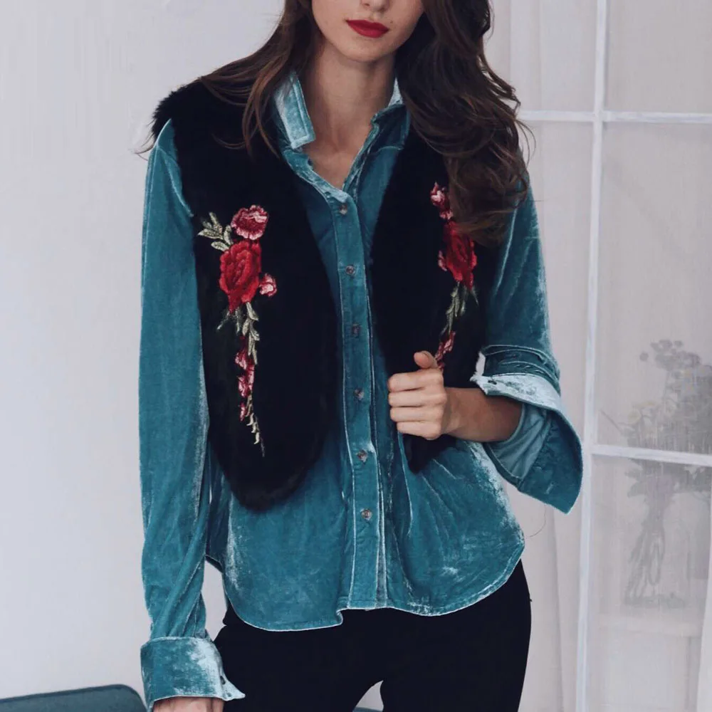 Новая модная женская зимняя винтажная меховая жилетка с цветочной вышивкой без