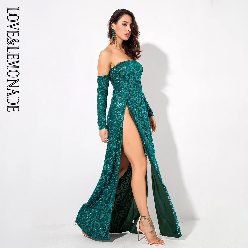 Зеленое Длинное платье с длинными рукавами и разрезом LOVE & LEMONADE LM81038|Женские
