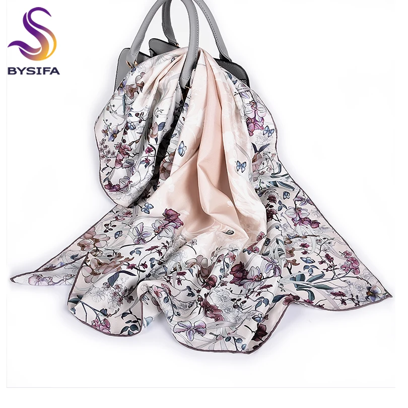 

[BYSIFA] Women Pure Silk Scarf Cape Elegant Khaki Grey Floral Design Twill Square Scarves Shawls Fall Winter Scarfs Foulard Soie